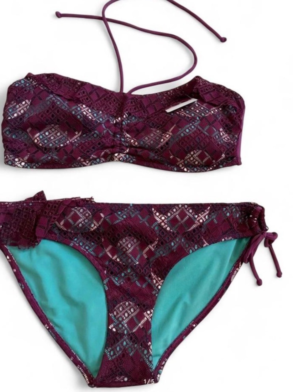 Berry Crochet Lace 2-Piece Swimsuit Bandeau Halter Tie Bottoms Size 7